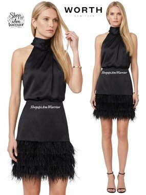 Worth New York RARE tiered black ostrich feather satin skirt *shop@iamwarrior